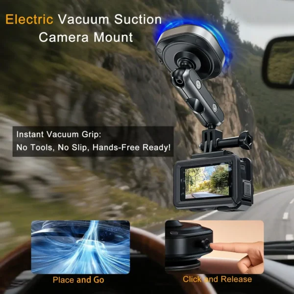 Electric Suction Cup Camera Mount with 360° Ball Head Magic Arm, Three-Prong Claw Compatible with Various Sporting Cameras
