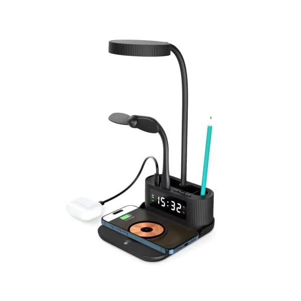 Multi-Function Wireless Charger with Clock Bedside Lamp Wireless Charging Pad with Alarm Clock & Pen Holder Desk Lamp